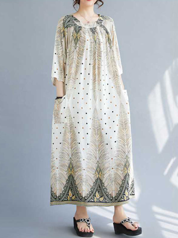 Pleated Pockets Polka-Dot Printed Half Sleeves High Waisted Round-Neck Midi Dresses