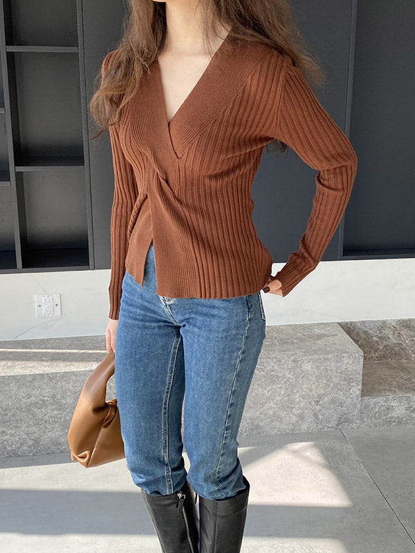 Knot Solid Color Long Sleeves Loose V-Neck Sweater Tops Pullovers