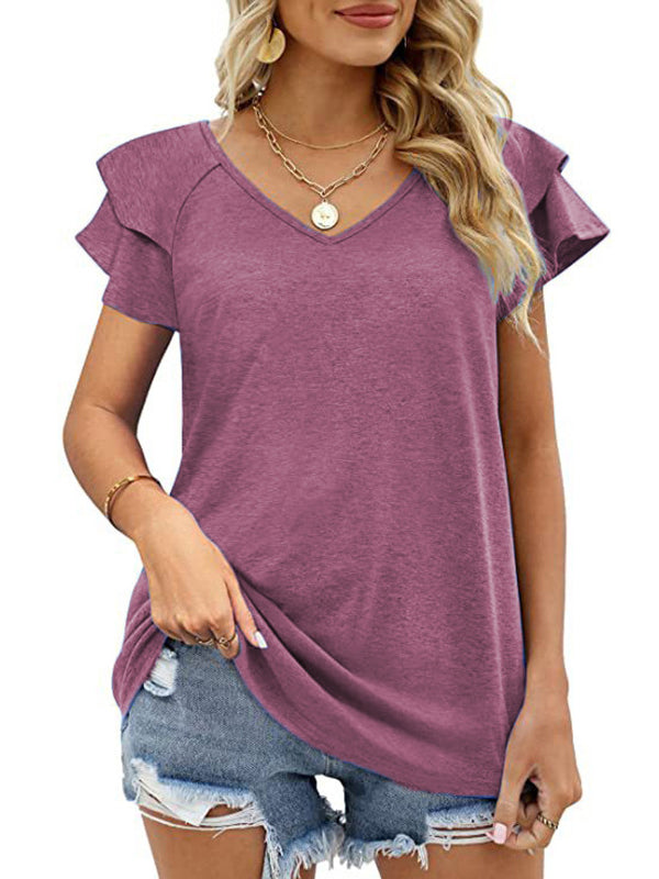 Falbala Solid Color Split-Joint Loose Short Sleeves V-Neck T-Shirts