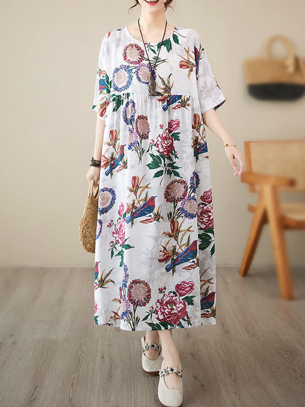 Pleated Split-Joint Batwing Sleeves Loose Round-Neck Midi Dresses