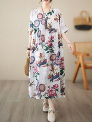 Pleated Split-Joint Batwing Sleeves Loose Round-Neck Midi Dresses