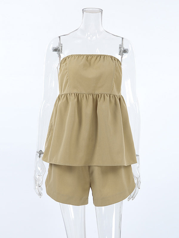 Split-Joint Tube Loose Elasticity Solid Color Vest Top + High Waisted Shorts Bottom Two Pieces Set