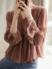 Pleated Solid Color Split-Front Flared Sleeves Long Sleeves V-Neck Blouses&Shirts Tops