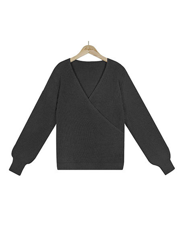 Casual Long Sleeves Solid Color V-Neck Sweater Tops