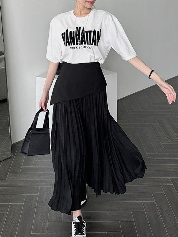 Contrast Color Pleated Split-Joint A-Line Loose Skirts Bottoms
