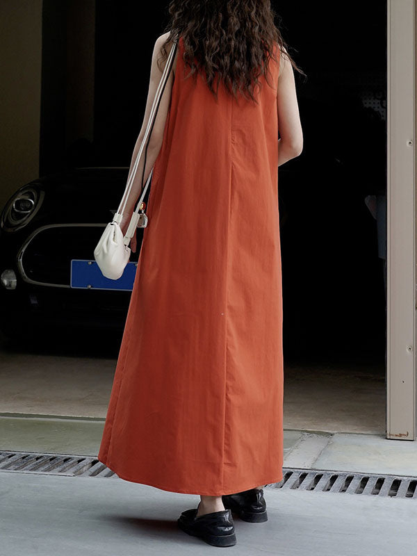 Solid Color Loose Sleeveless Round-Neck Midi Dresses