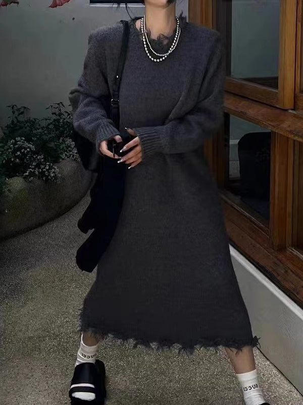 Fringed Solid Color High Waisted Long Sleeves Round-Neck Sweater Dresses Midi Dresses