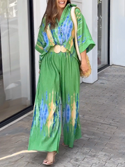 Loose Wide Leg Printed Lapel Collar Blouses Pants Pants Set Two Pieces Set