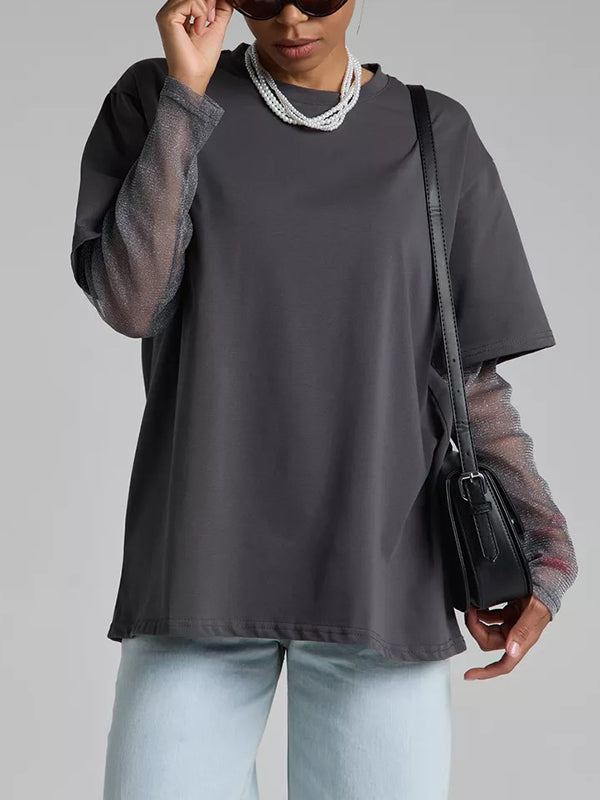 See-Through Split-Joint Sun Protection False Two Loose Round-Neck T-Shirts