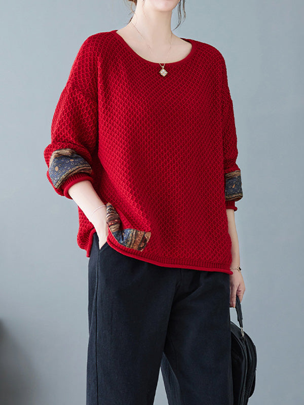 Printed Split-Joint Long Sleeves Loose Round-Neck Sweater Tops Pullovers