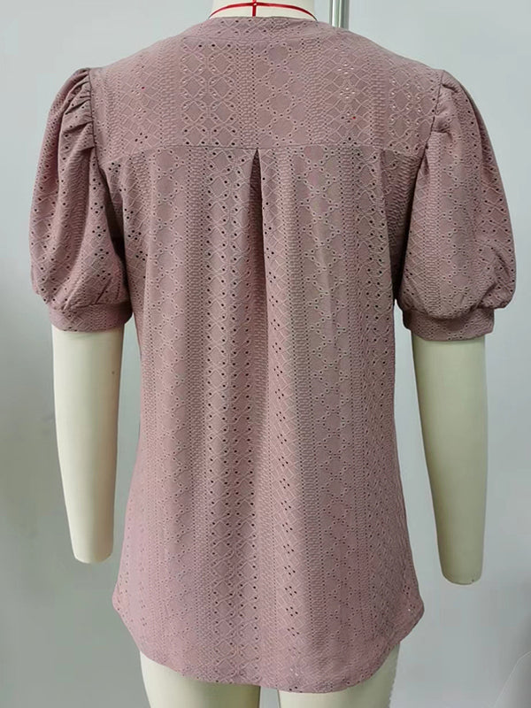 Hollow Solid Color Bishop Sleeve Loose V-neck T-Shirts Tops