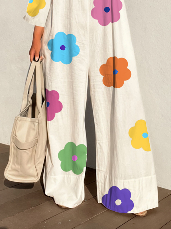 Contrast Color Floral Printed Flower Print Long Sleeves Loose Jumpsuits