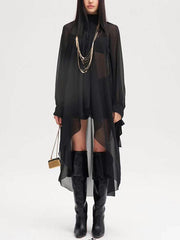 Pleated See-Through Solid Color Tied High-Low Long Sleeves High Neck Blouses&Shirts Tops
