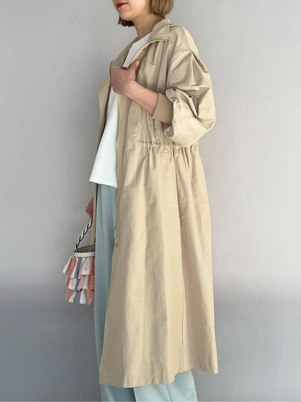 Loose Long Sleeves Drawstring Solid Color Zipper Hooded Trench Coats Outerwear