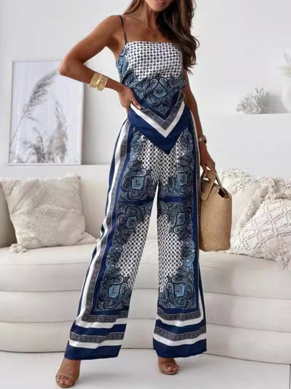 Printed Look-Younger Straps Vest Top & Casual Pants Bottoms Two Pieces Set