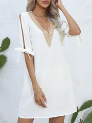 Hollow Split-Joint Half Sleeves Loose V-Neck Mini Dresses