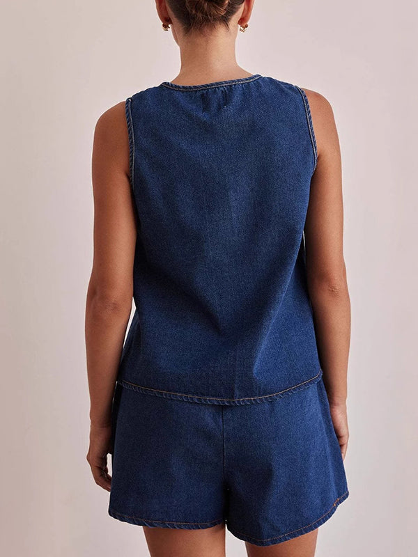 Lace-Up Split-Joint Loose Sleeveless Round-neck Vest Top