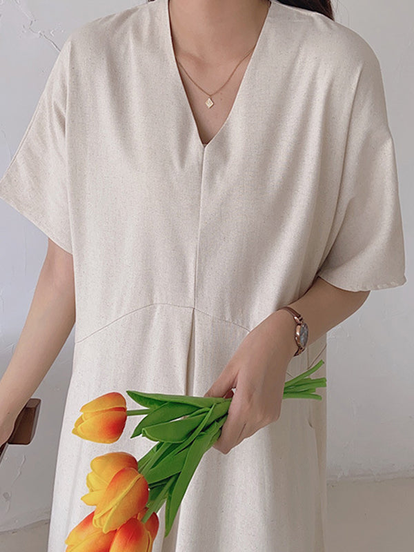 Loose Solid Color V-Neck Pleated With Pockets Midi Dresses