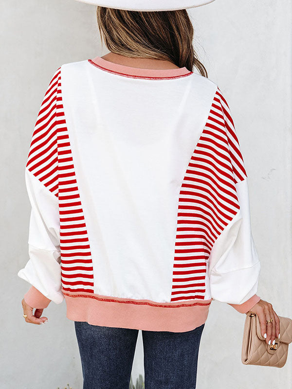 Contrast Color Striped Long Sleeves Loose Round-neck Sweatshirt Tops