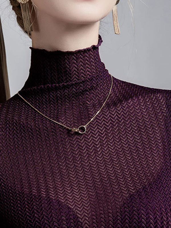 Mesh See-Through Slightly Sheer Split-Joint Long Sleeves Plus Size High Neck T-Shirts