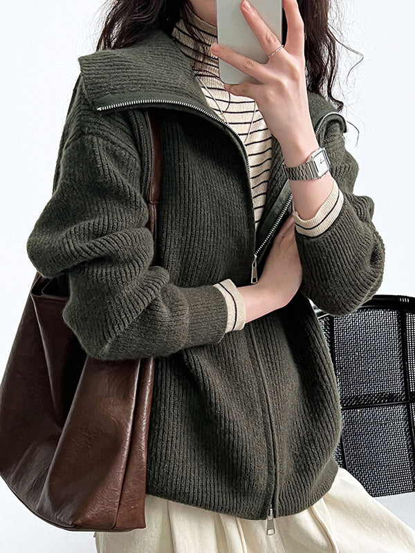 Solid Color Zipper Long Sleeves Loose Lapel Cardigan Tops
