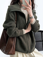 Solid Color Zipper Long Sleeves Loose Lapel Cardigan Tops