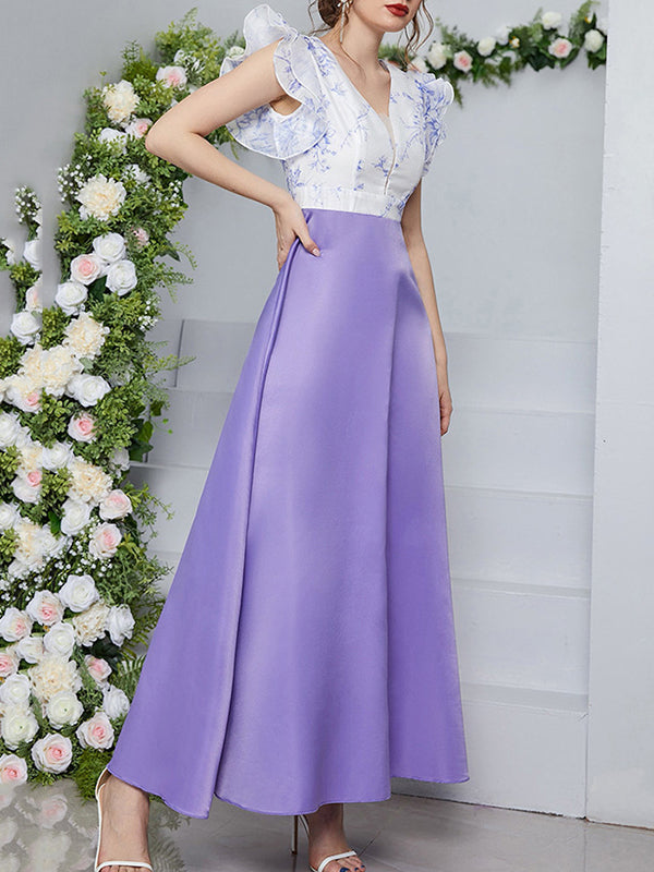 Printed Split-Joint High Waisted Petal Sleeves Deep V-Neck Maxi Dresses