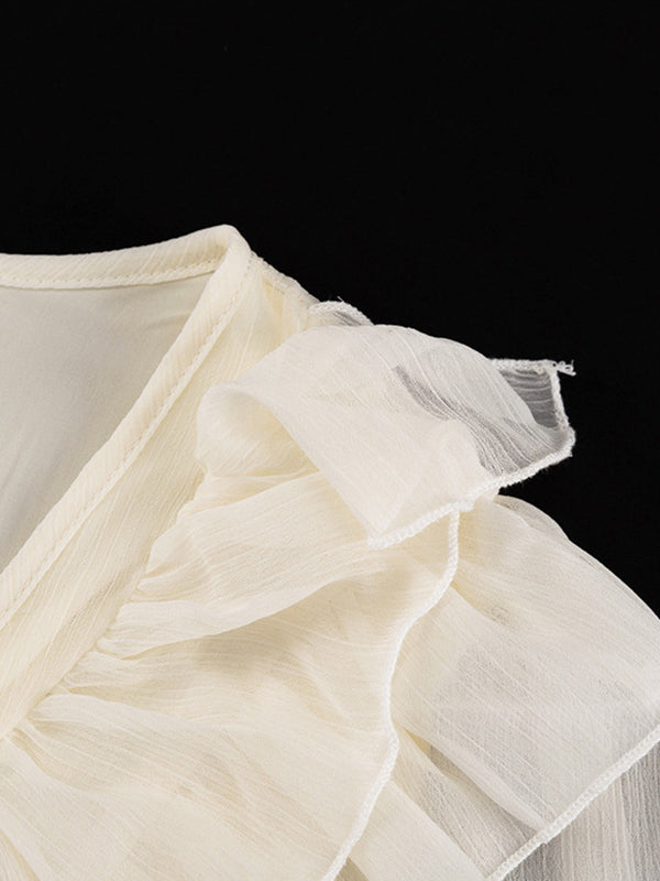 Ruffle Trim Solid Color Tied A-Line High Waisted V-Neck Mini Dresses