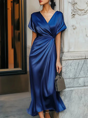 Asymmetric Solid Color Split-Joint Loose Short Sleeves V-neck Maxi Dresses Evening Dresses