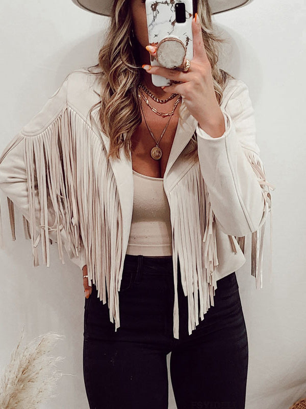 Solid Color Split-Joint Tasseled Long Sleeves Notched Collar Jackets