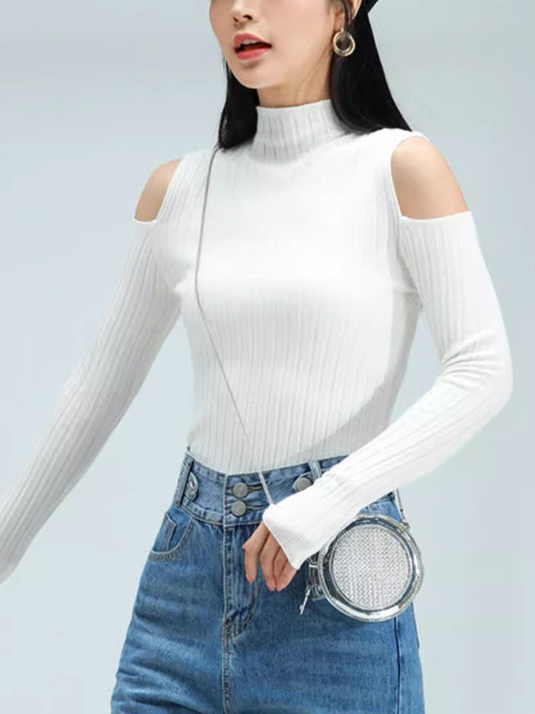Hollow Solid Color Long Sleeves Skinny Mock Neck Sweater Tops Pullovers Knitwear