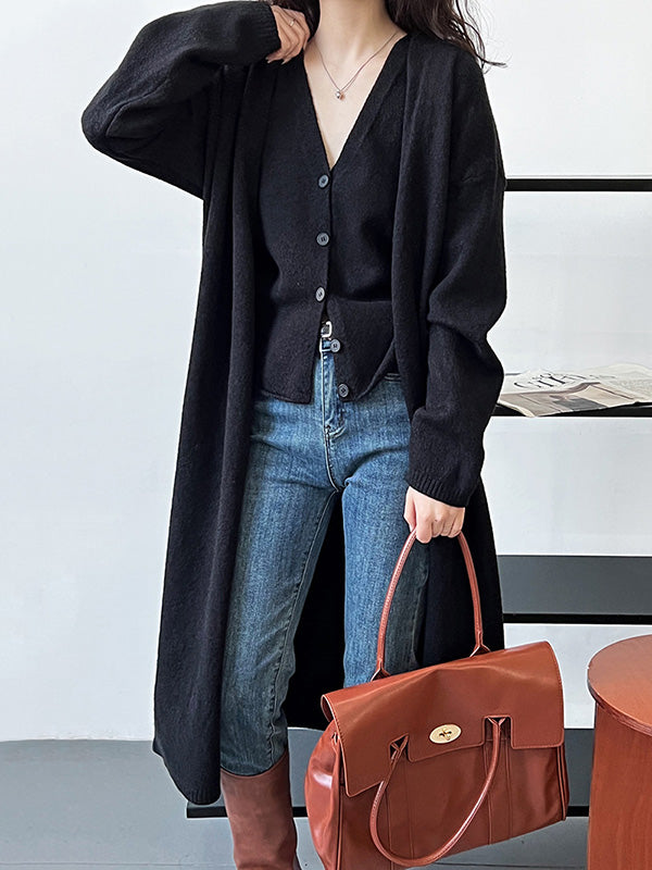 Buttoned Solid Color Long Sleeves Loose V-Neck Knit Vest + Cardigan Two Pieces Set