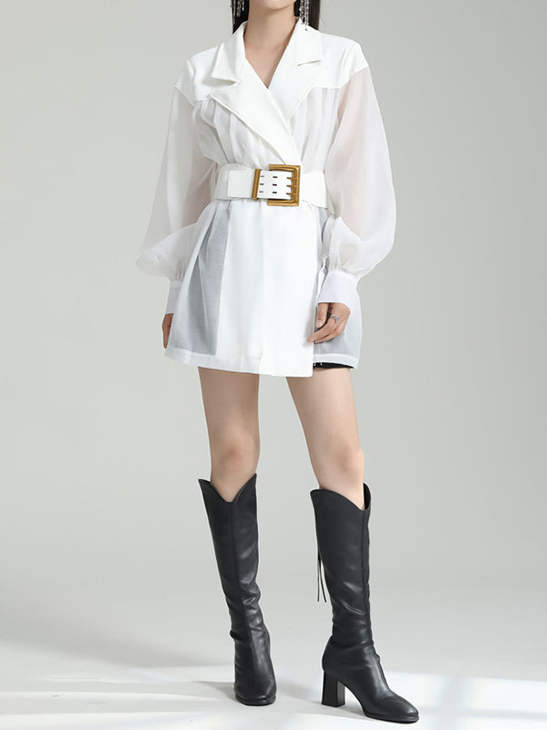 See-Through Split-Joint Tied Waist Loose Puff Sleeves Lapel Blouses&Shirts Tops