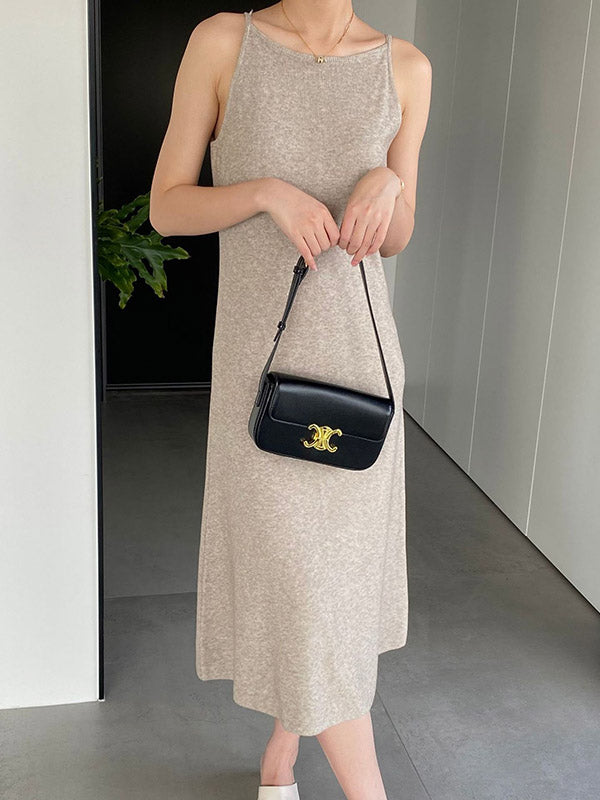 Solid Color A-Line High Waisted Spaghetti-Neck Midi Dresses