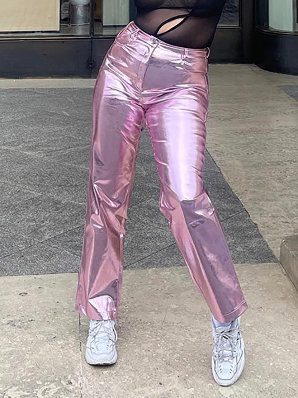 Buttoned Pockets Shiny Solid Color High Waisted Trousers Pants
