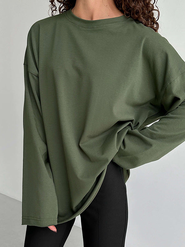 Solid Color Long Sleeves Loose Round-Neck T-Shirts Tops