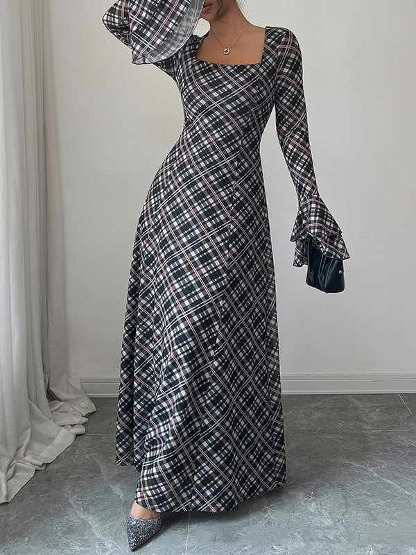 Contrast Color High-Waisted Plaid A-Line Flared Sleeves Square-Neck Maxi Dresses