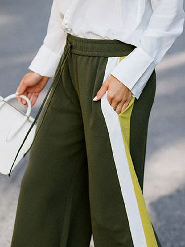 Contrast Color Drawstring Elasticity Split-Joint Loose Wide Leg Trousers Pants