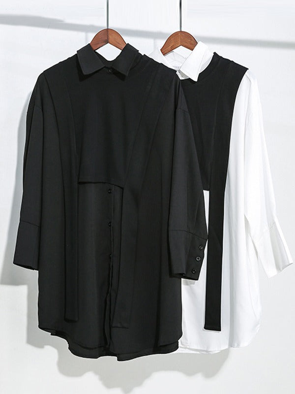 Irregular Clipping Long Sleeves Split-Joint Lapel Two Pieces Blouse