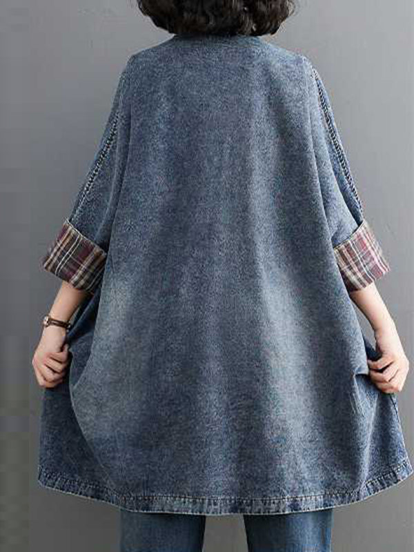 Buttoned Plaid Pockets Split-Joint Long Sleeves Loose V-Neck Denim Outerwear