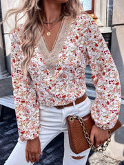 Elasticity Flower Print Split-Joint Long Sleeves Loose V-Neck Blouses&Shirts Tops