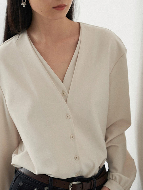 Buttoned Solid Color False Two Long Sleeves V-Neck Blouses&Shirts Tops