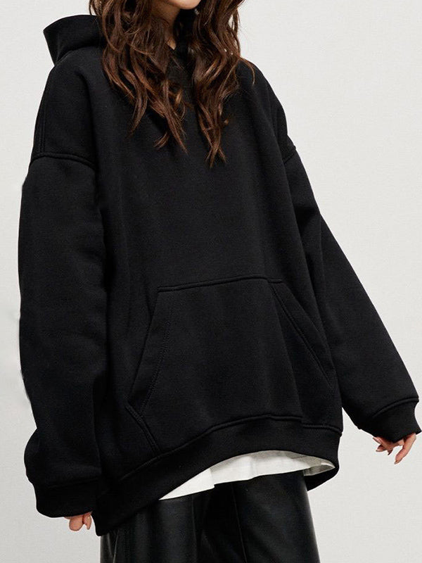 Pockets Solid Color Velvet Long Sleeves Loose Hooded Hoodies Tops