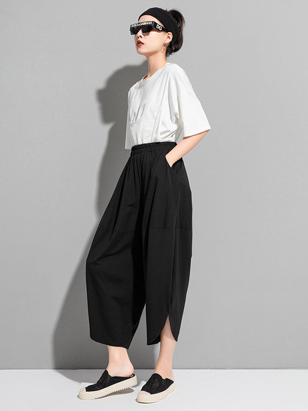 Original Solid Color Elasticity Waist Harem Capri-Pants