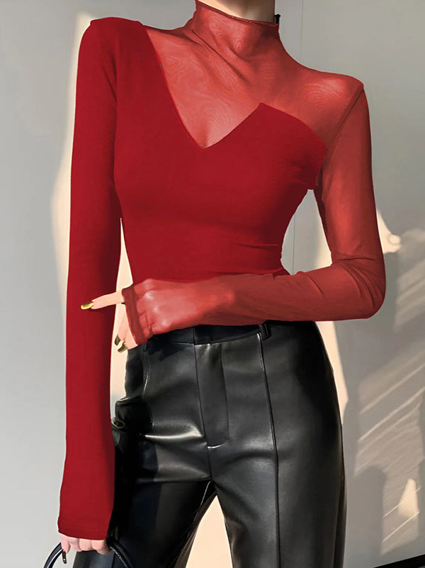 Long Sleeves Skinny Asymmetric Solid Color Split-Joint High Neck T-Shirts Tops