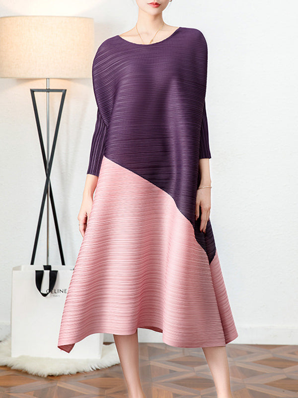 Original Contrast Color Split-Joint Round-Neck Pleated Midi Dress