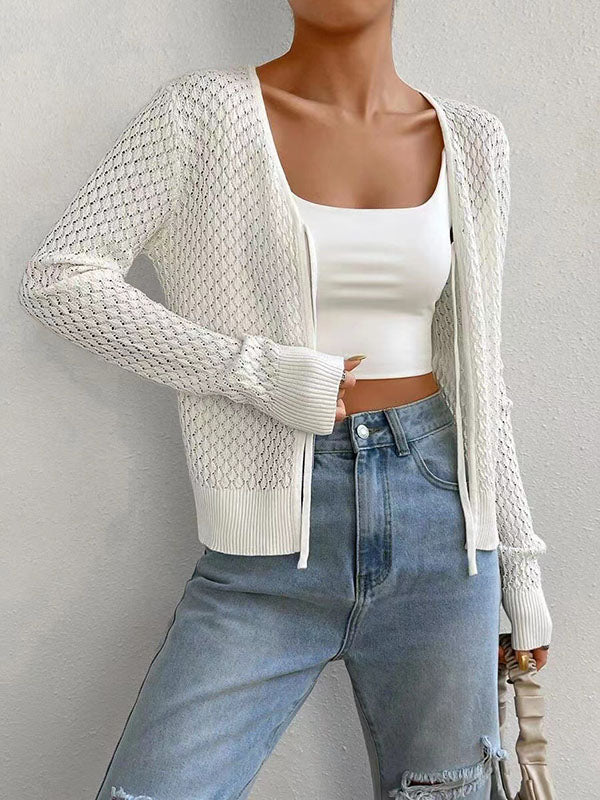 Solid Color Tied Long Sleeves Loose V-Neck Cardigan Tops