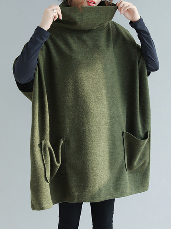 Artistic Retro Batwing Sleeves Half Sleeves Solid Color Heaps Collar Pullovers