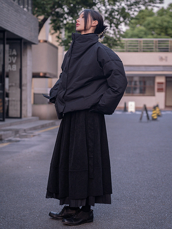 Urban Long Sleeves Buttoned Asymmetric Solid Color Stand Collar Padded Coat