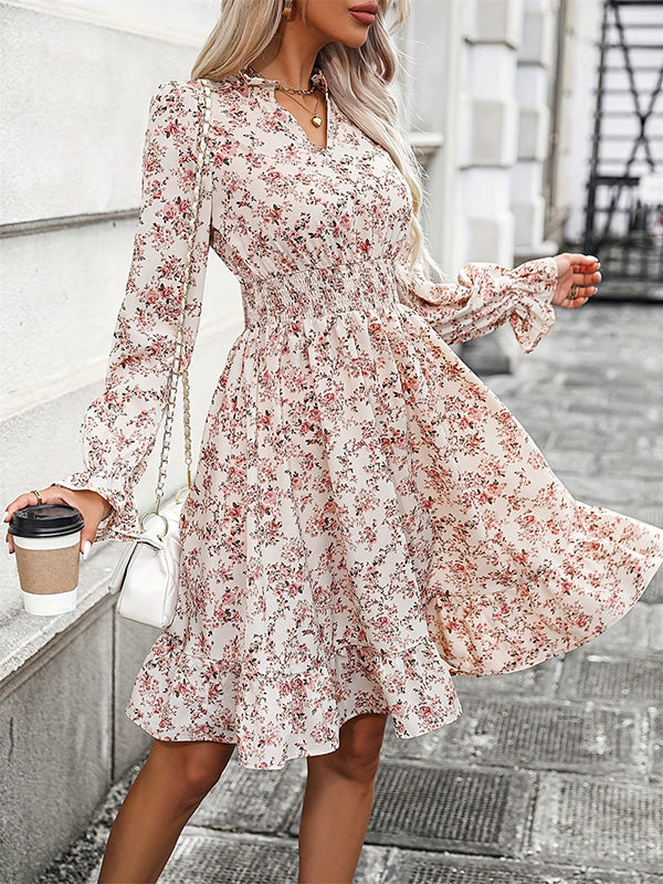 Elasticity Flower Print A-Line Long Sleeves V-Neck Midi Dresses